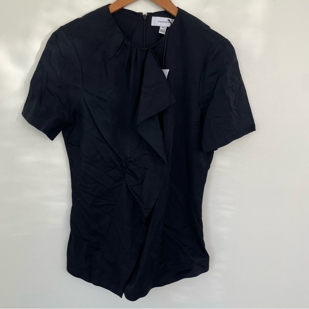 NWT $350 Carven High Neck Ruffle Top in Noir Black Short Sleeve EU 40 US 8 M